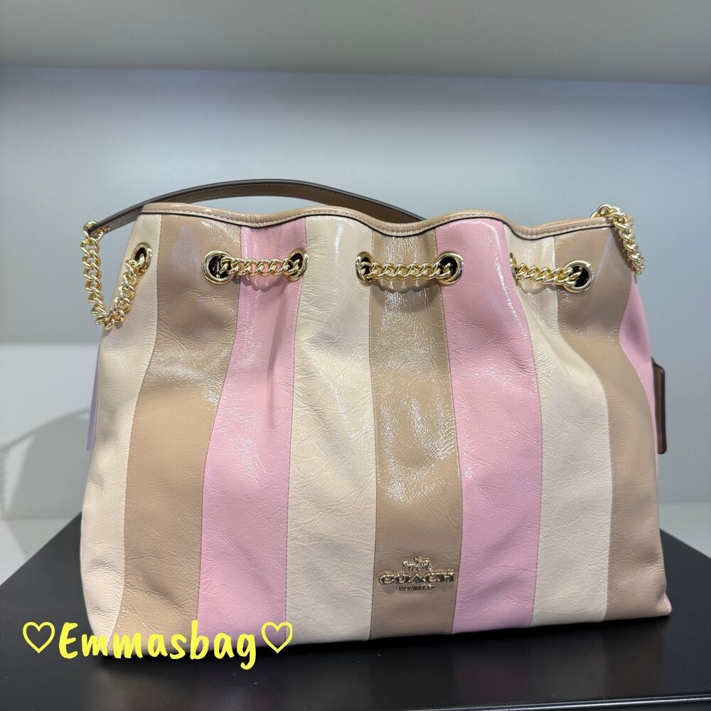 NWT Coach Evelyn Shoulder Bag With Striped Patchwork CDW41 Gold/Taupe Multi